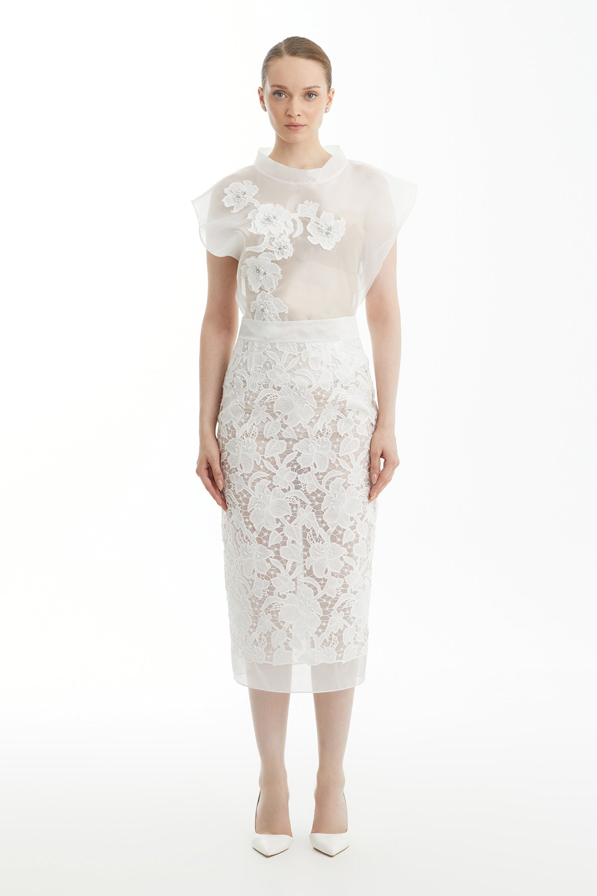 White Patterned Hook-and-Eye Detail Midi Pencil Skirt