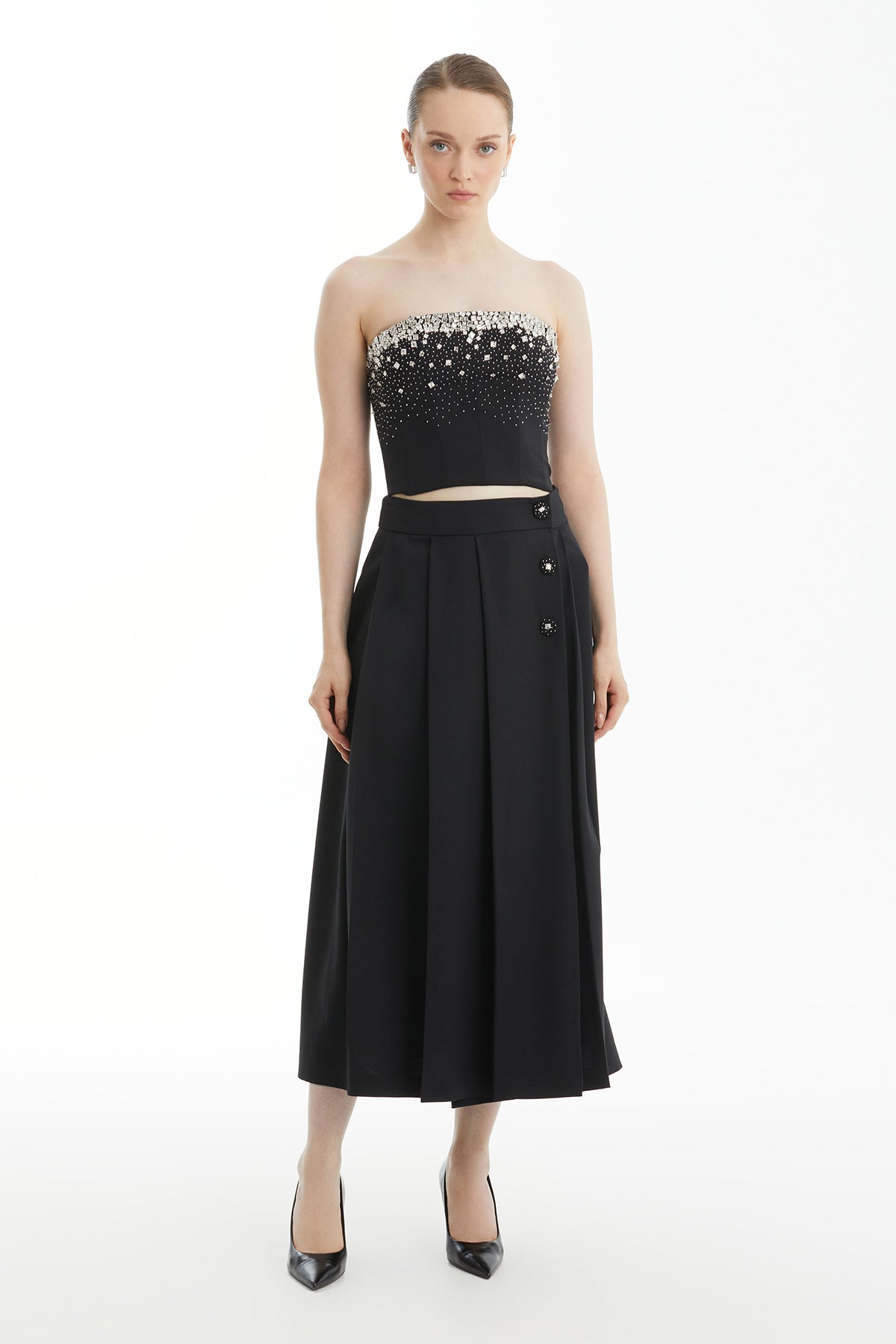 Black Pleated Snap-Detail Skirt