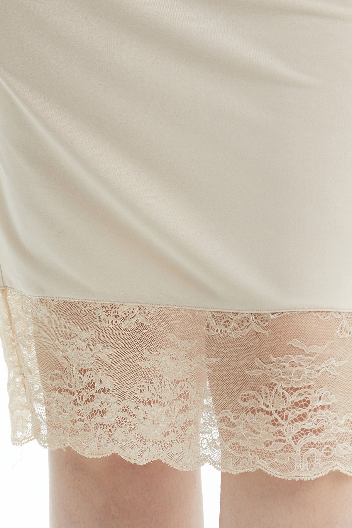 Beige Lace-Detail Gathered Skirt