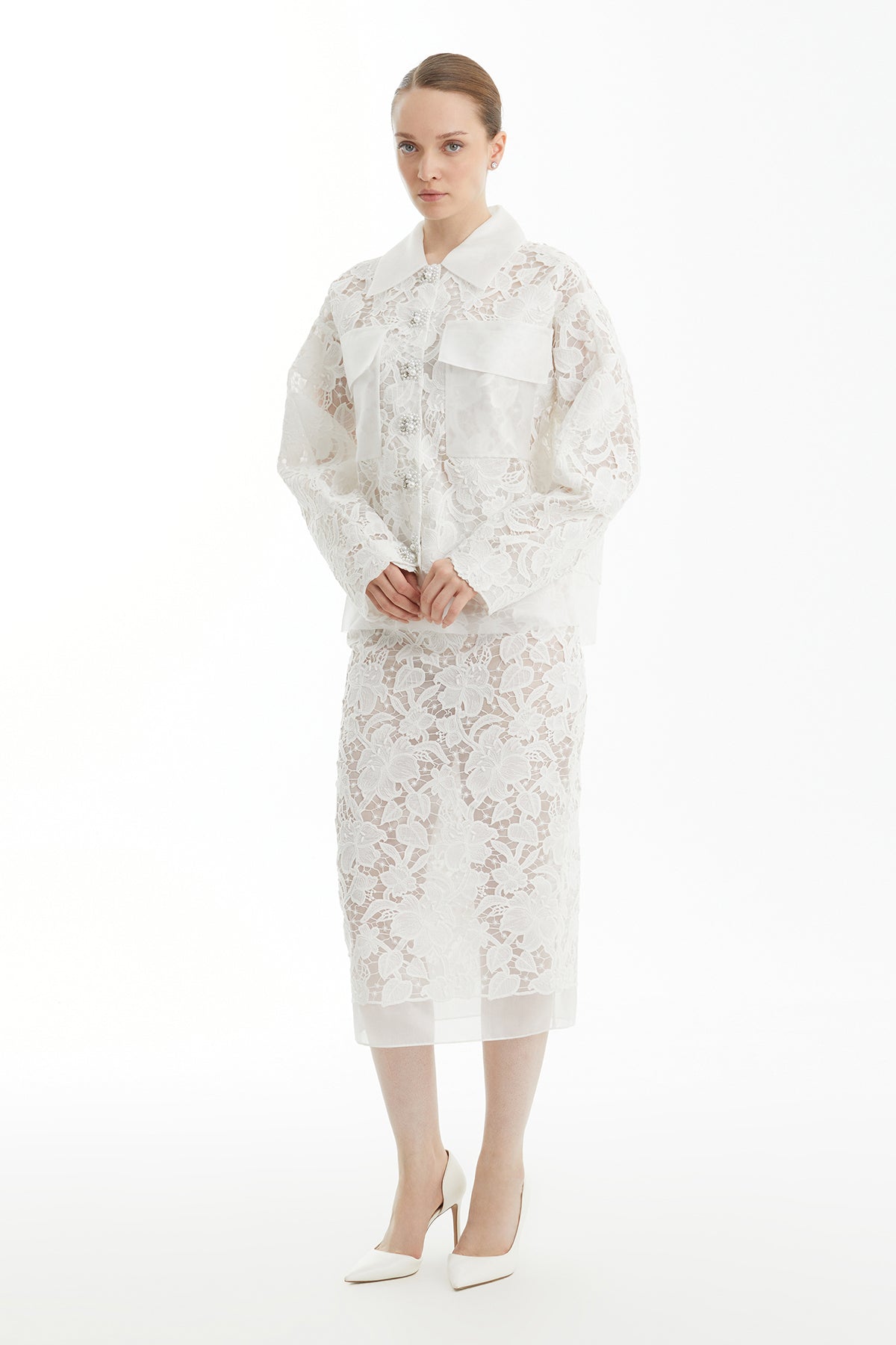 White Embroidered Snap-Front Patterned Jacket