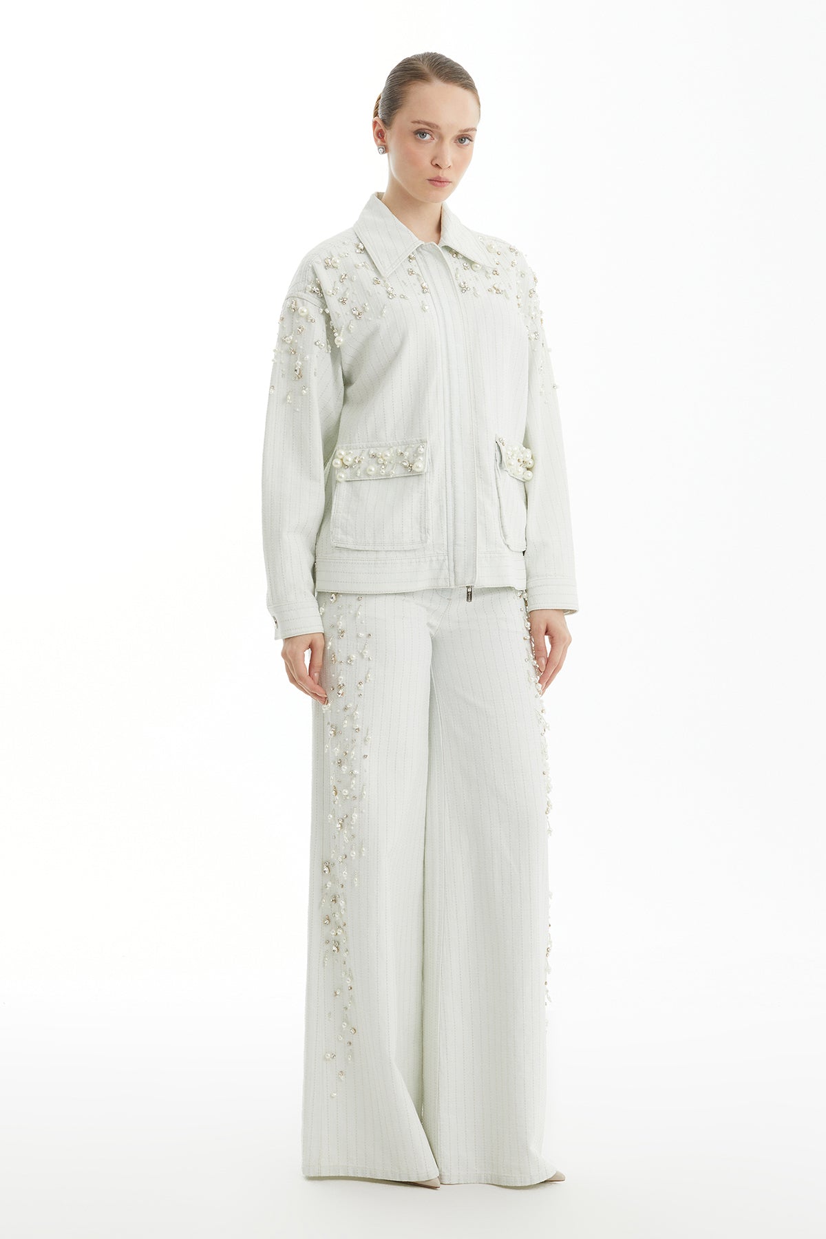Blue Embroidered Snap-Front Patterned Jacket