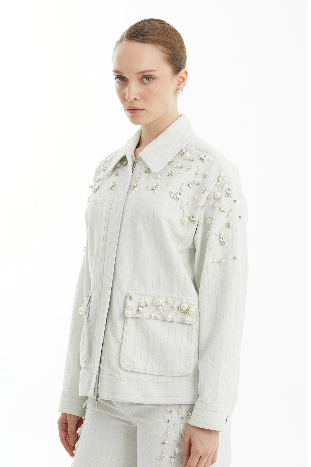 Blue Embroidered Snap-Front Patterned Jacket