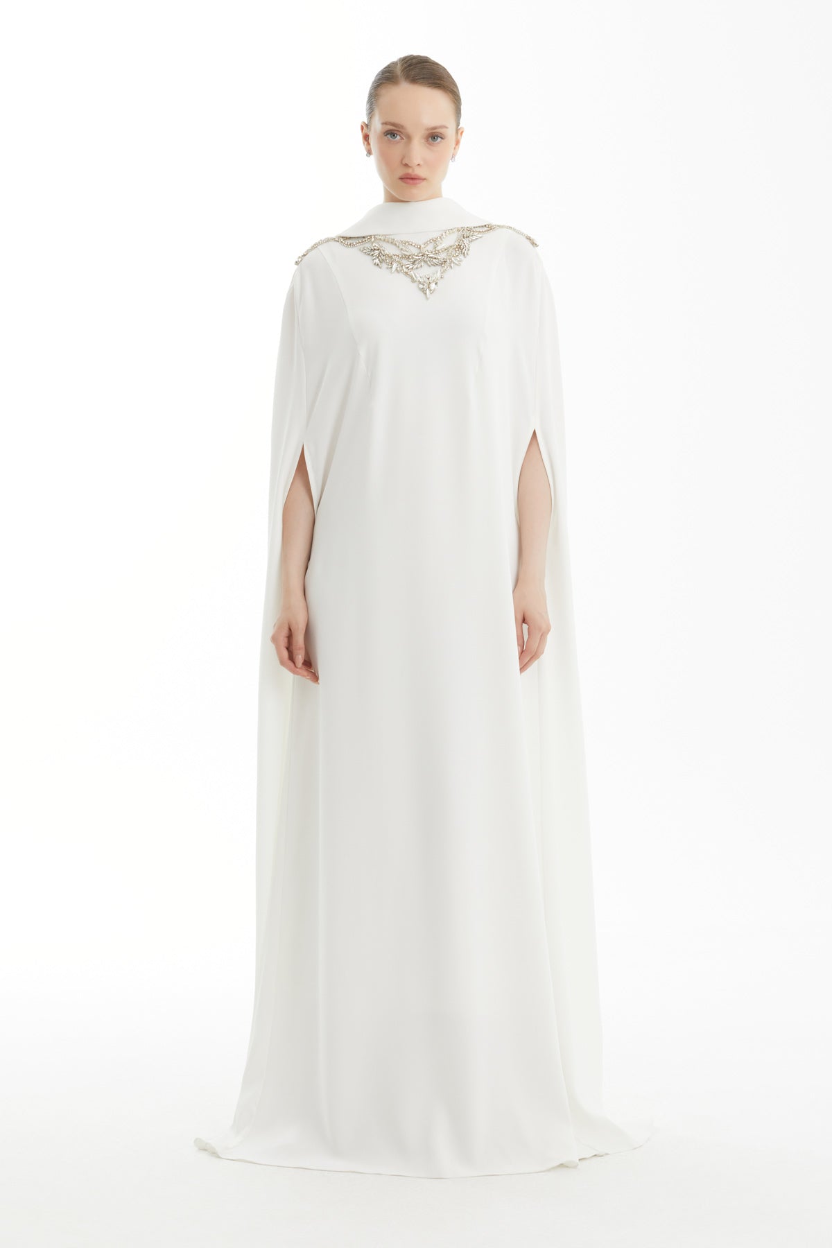 Ecru Embroidered Cape Dress