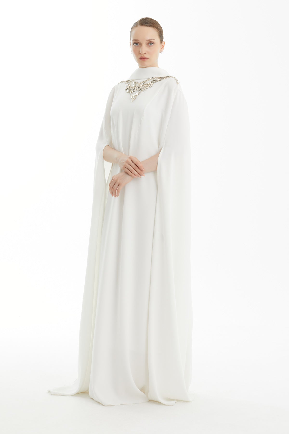 Ecru Embroidered Cape Dress