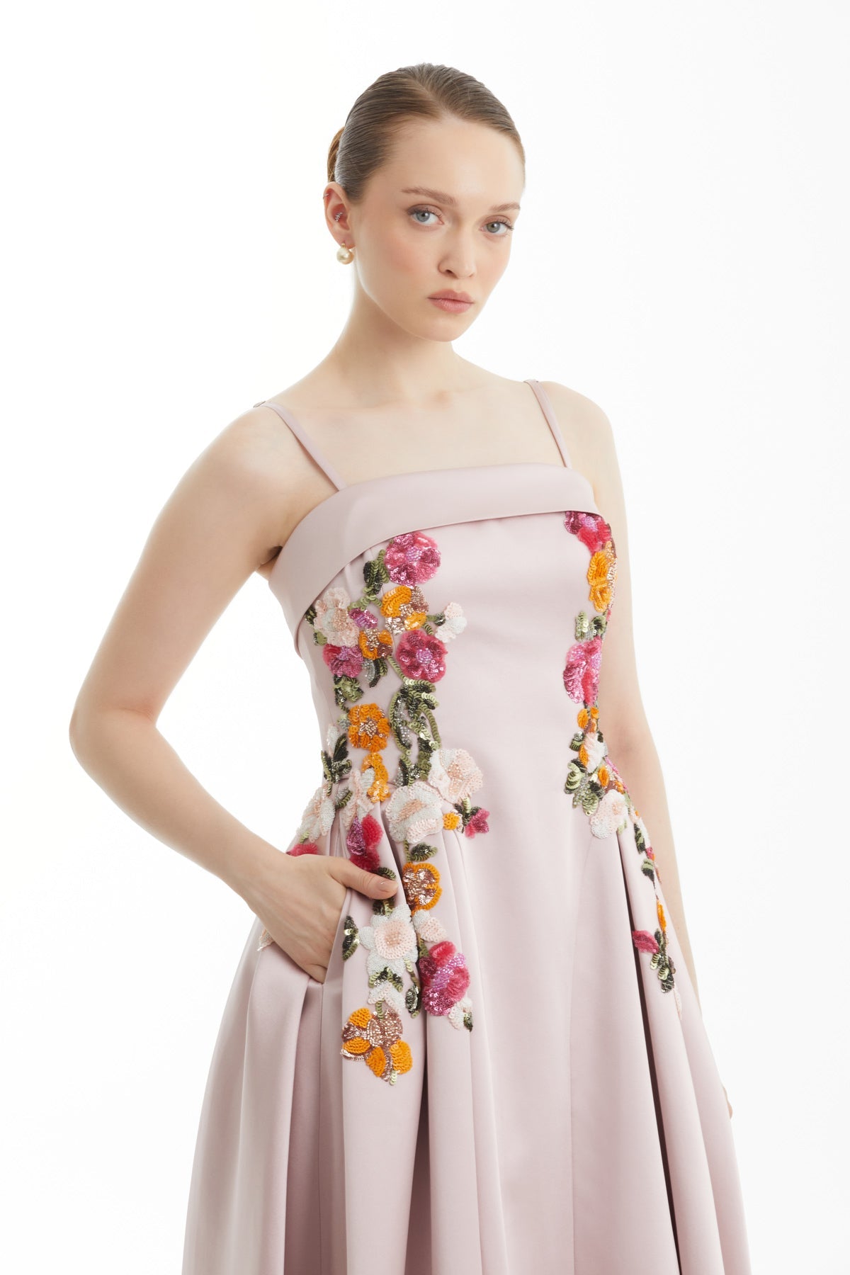 Pink Appliqué Floral Strapless Dress