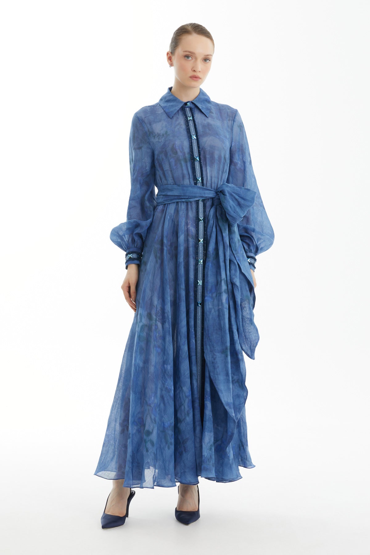 Blue Balloon-Sleeve Belted Patterned Dress