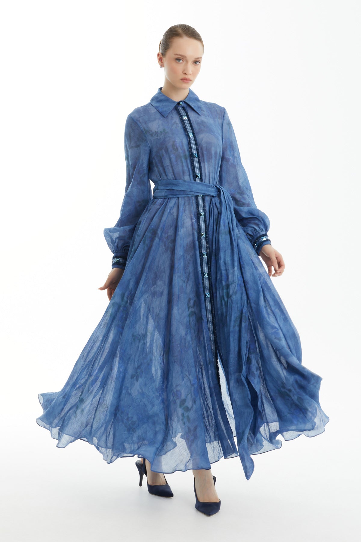 Blue Balloon-Sleeve Belted Patterned Dress