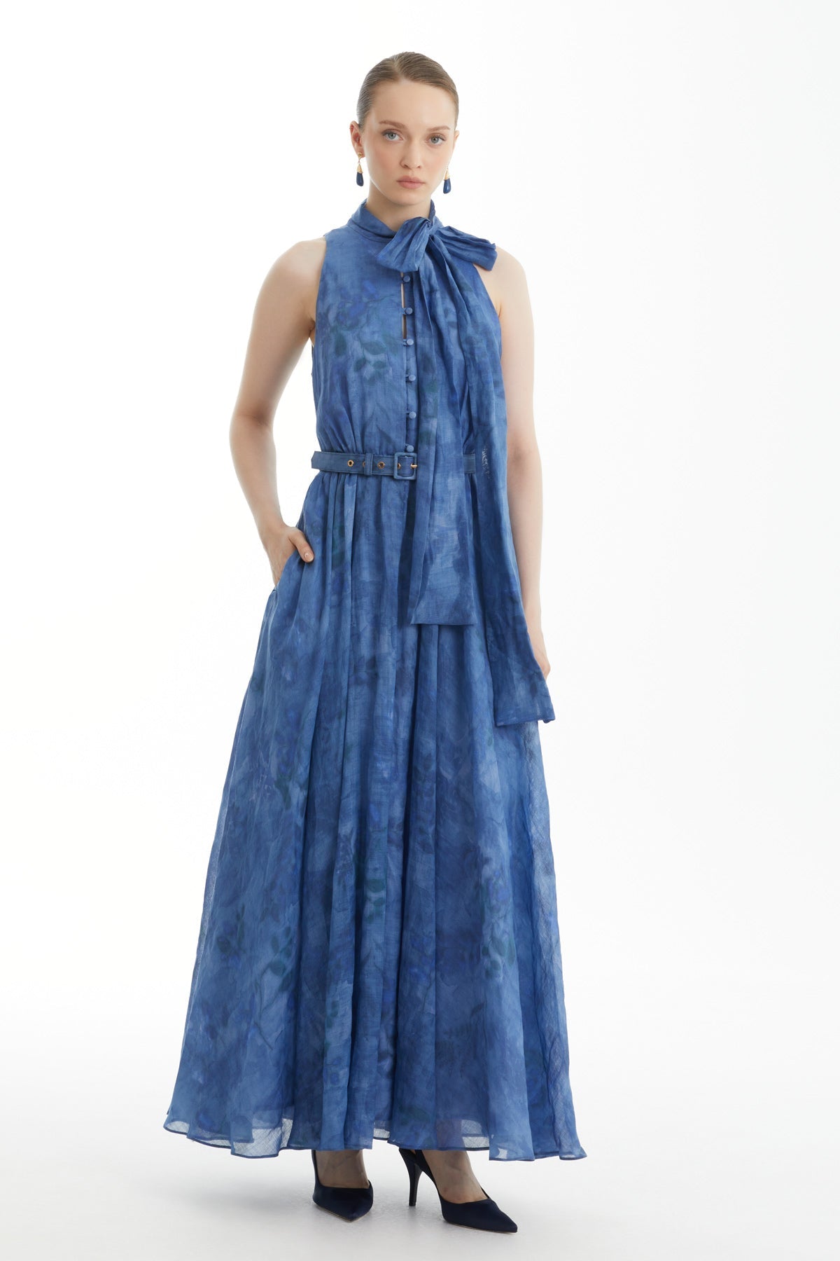 Blue Bow-Tie Belted Ruffle Dress