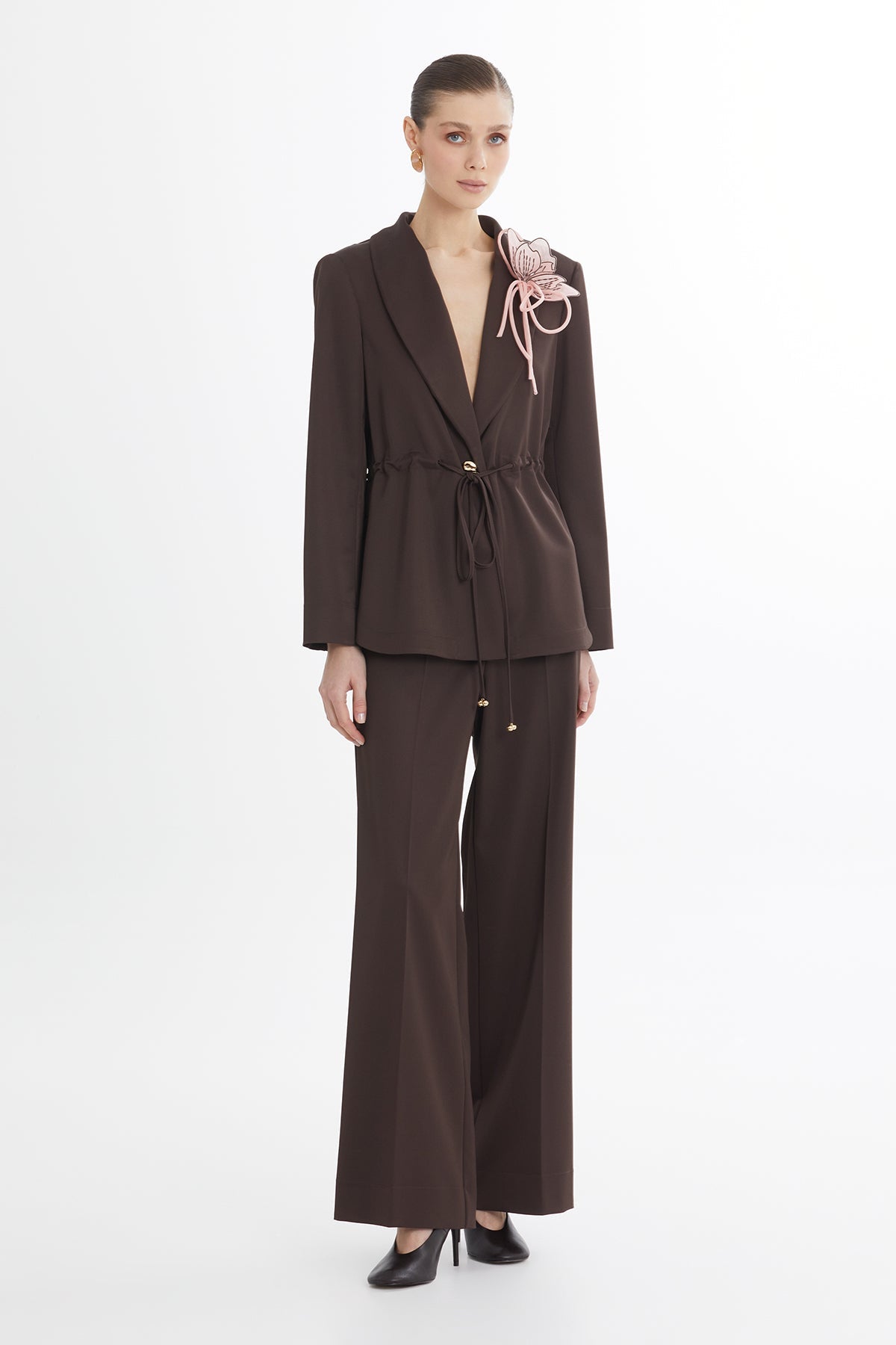 Brown Floral Brooch Detail Blazer and Pants Set