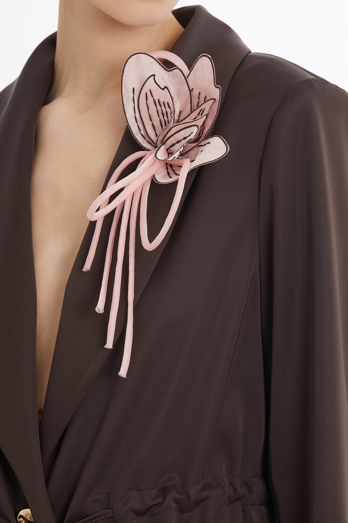 Brown Floral Brooch Detail Blazer and Pants Set