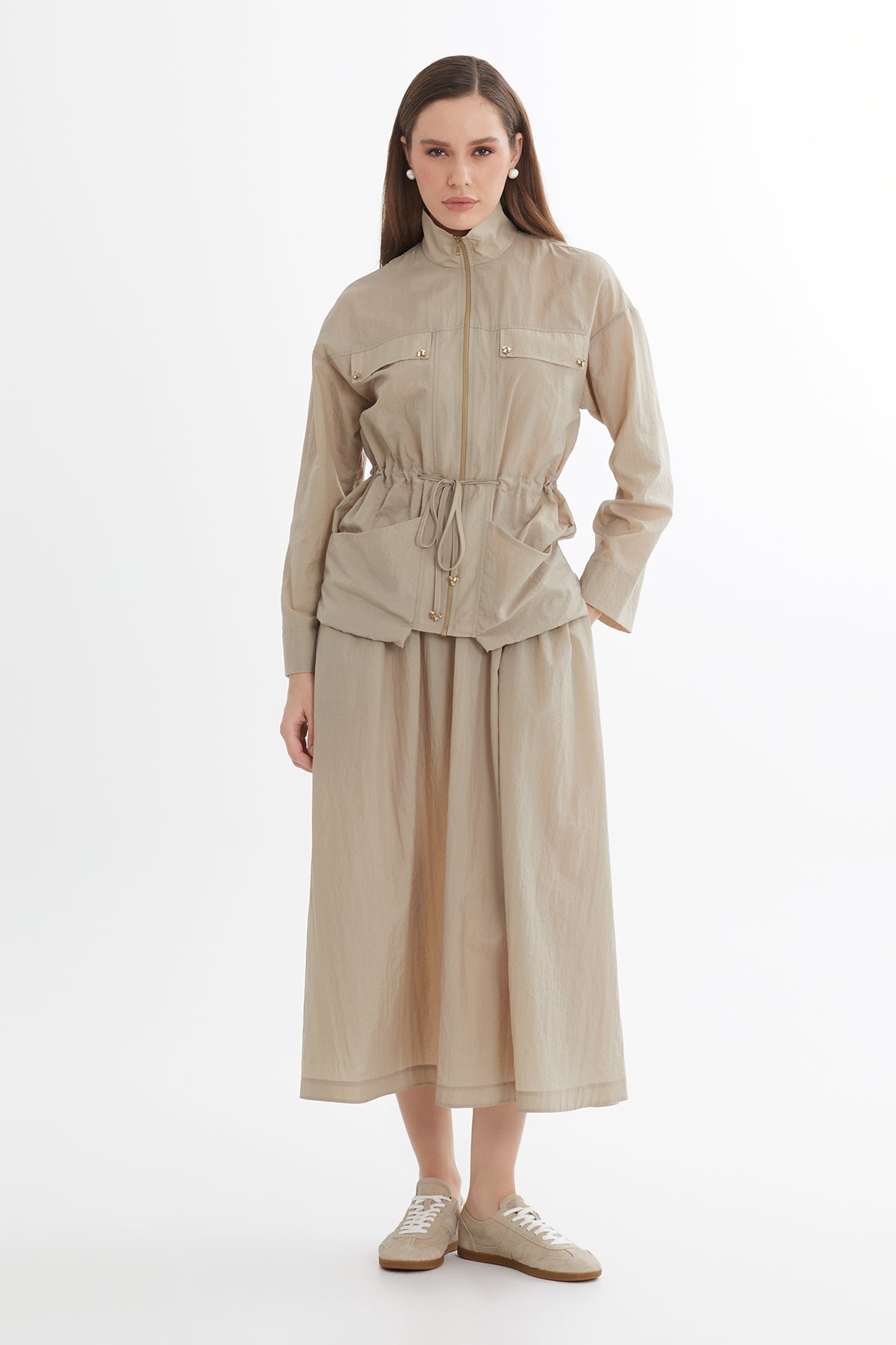 Beige Embroidered Jacket Skirt Set