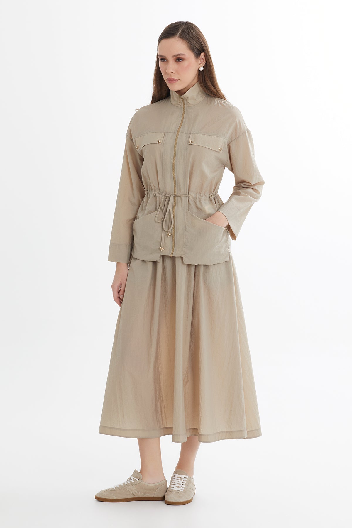 Beige Embroidered Jacket Skirt Set