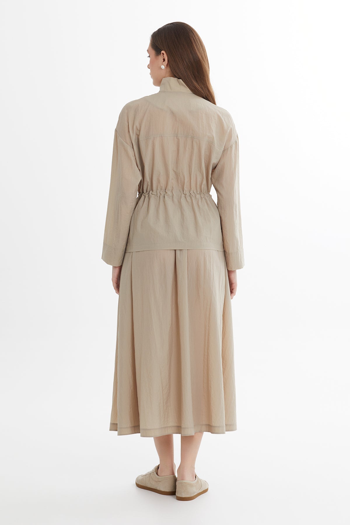 Beige Embroidered Jacket Skirt Set
