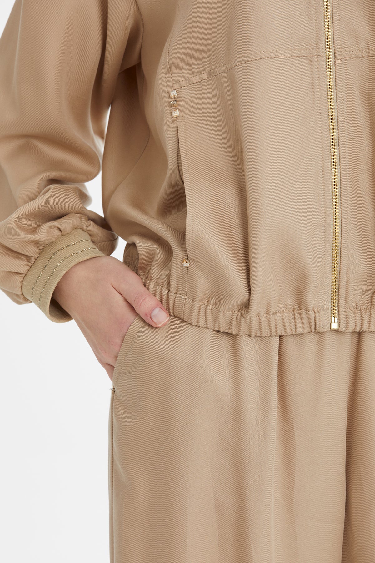 Beige Knitted Collar Sweat Set