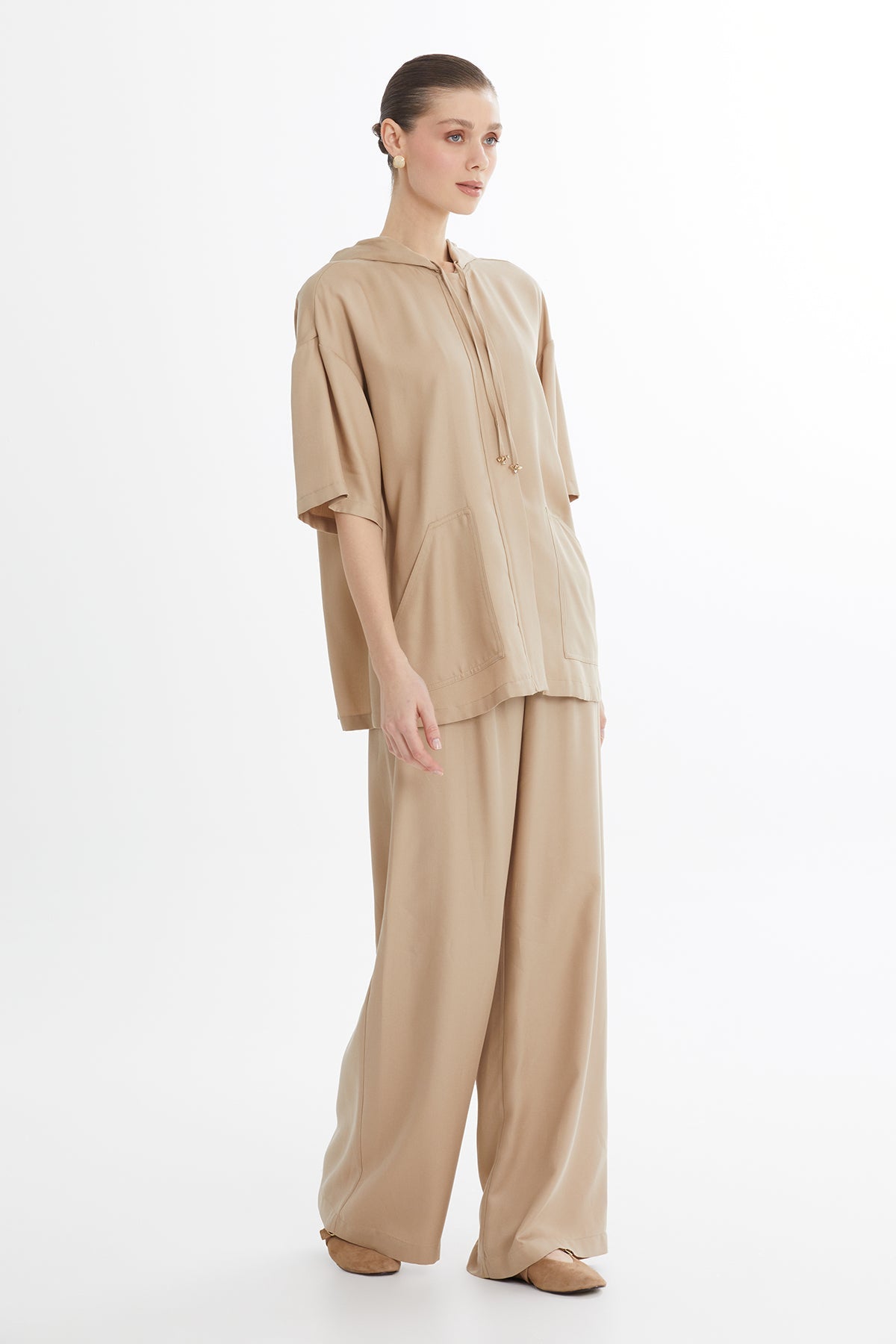 Beige Hooded Embroidered Relaxed Sweat Set