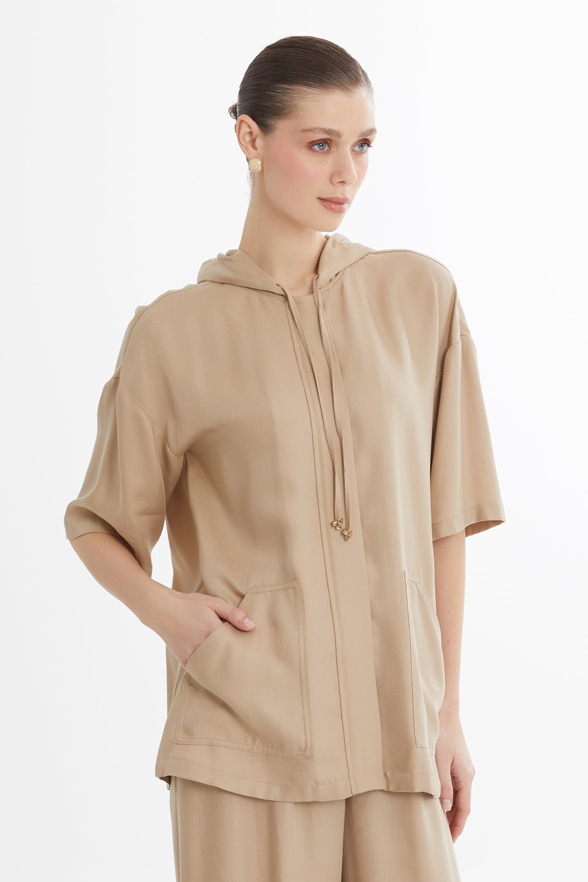 Beige Hooded Embroidered Relaxed Sweat Set
