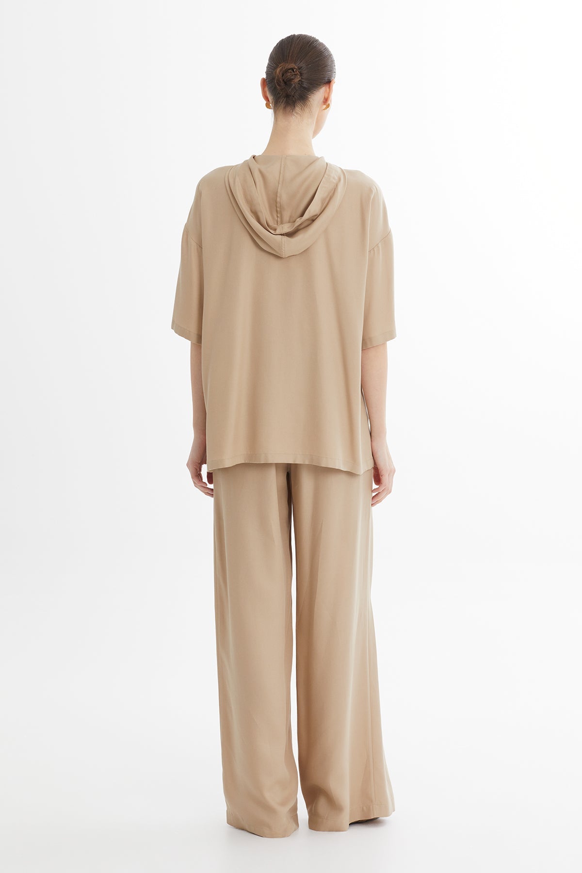 Beige Hooded Embroidered Relaxed Sweat Set