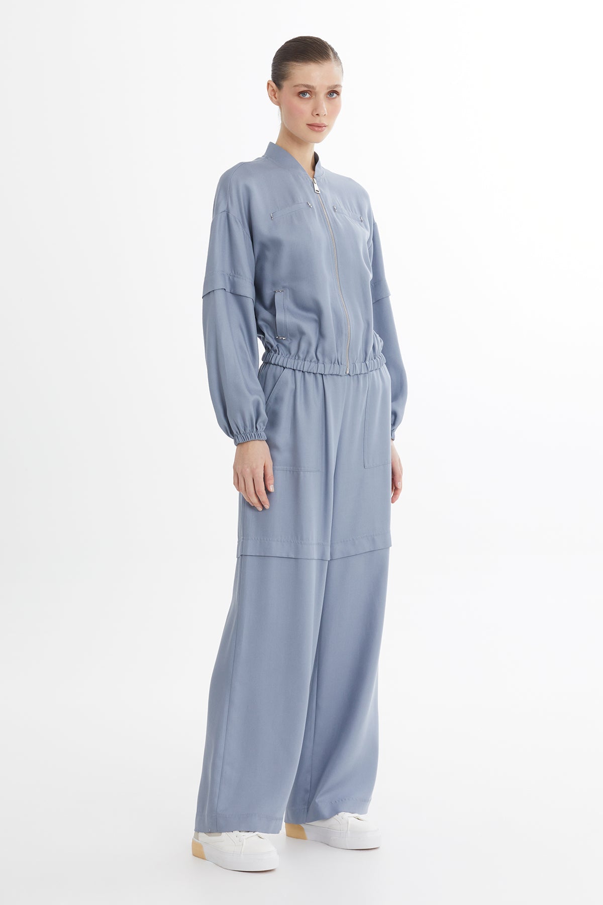 Blue Gathered Embroidered Sweat Set