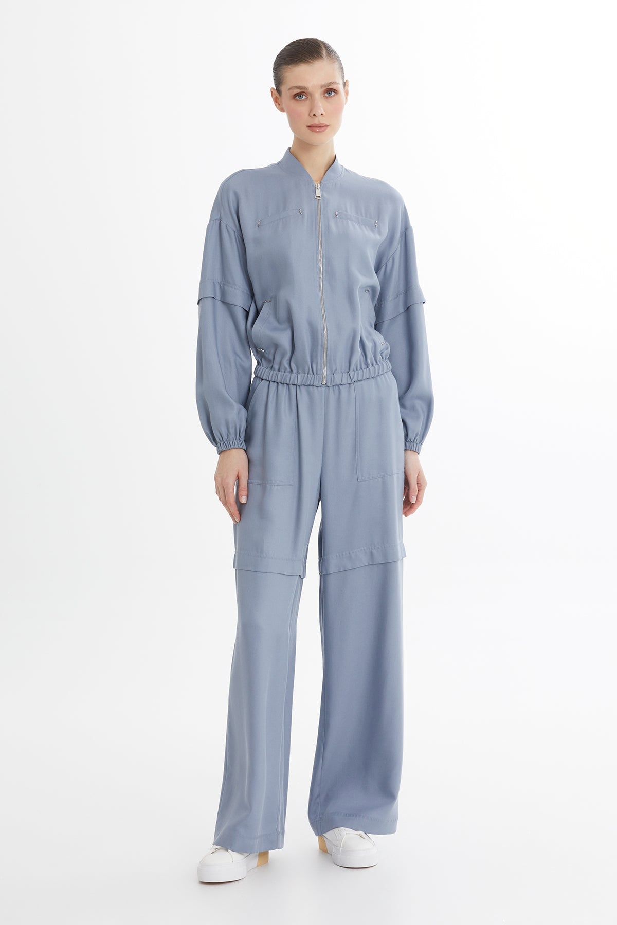 Blue Gathered Embroidered Sweat Set