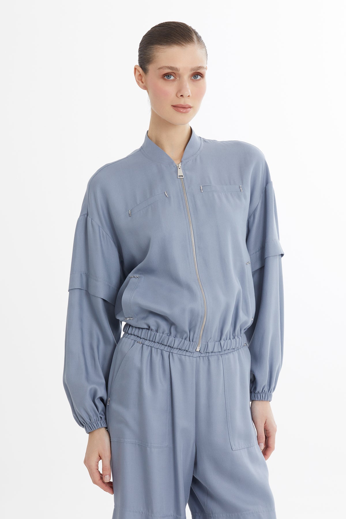 Blue Gathered Embroidered Sweat Set