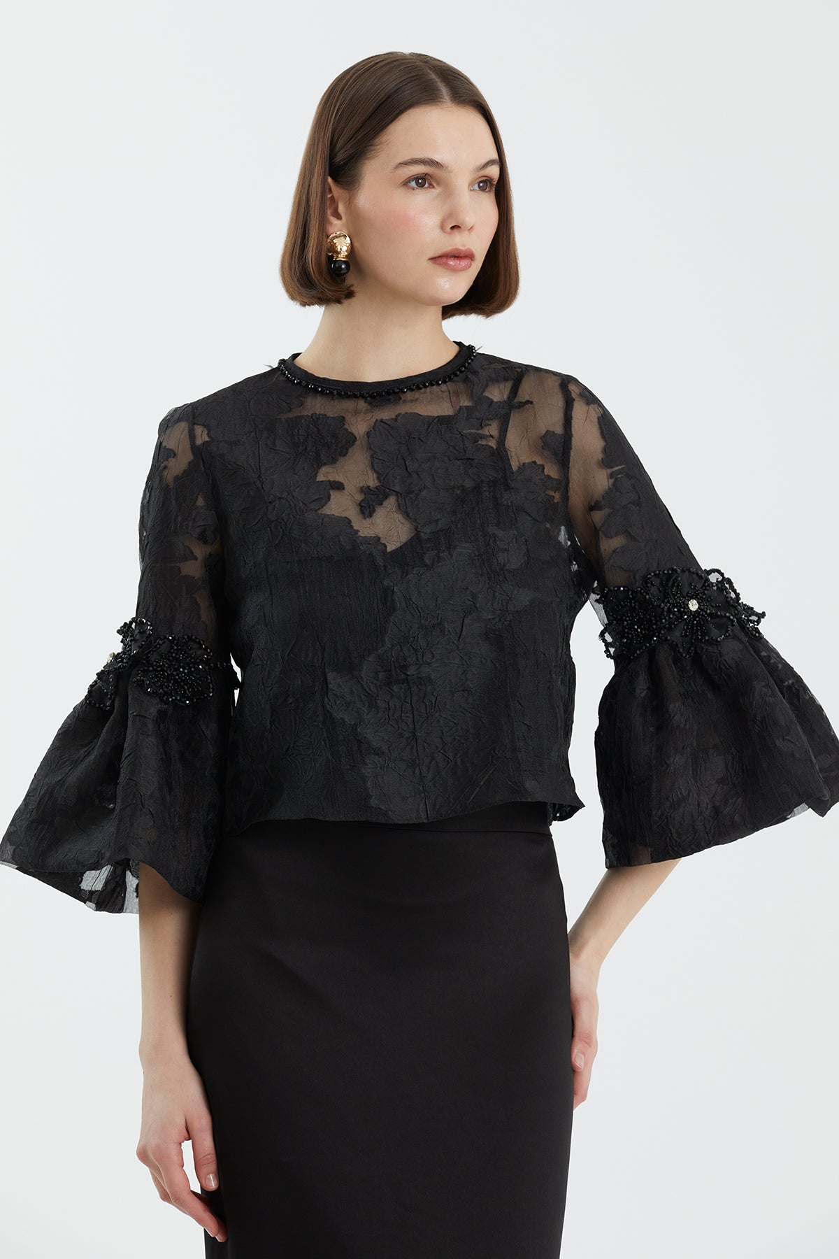 Black Embroidered Trim Skirt Set