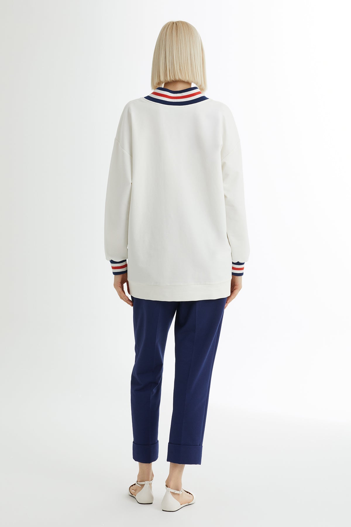 Ecru Striped Knit Collar Sweat Set