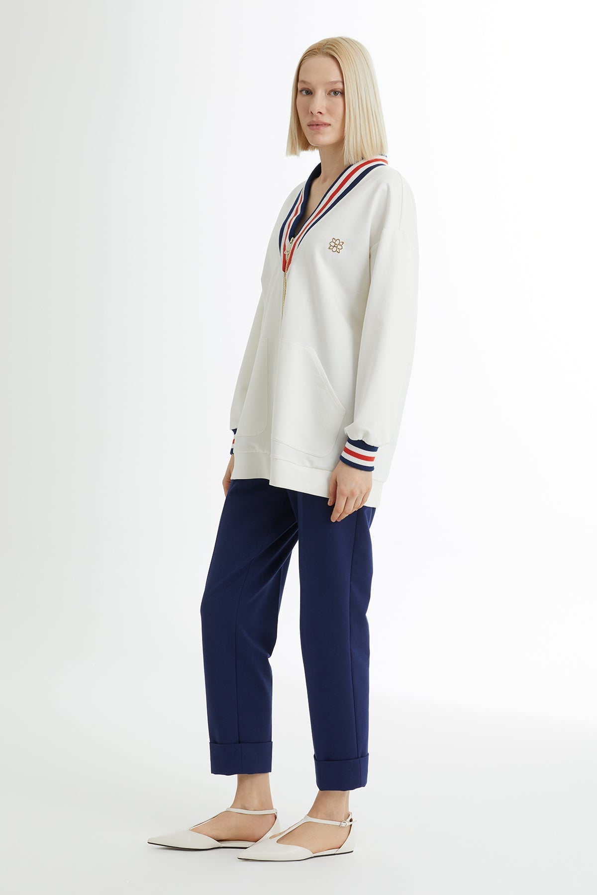 Ecru Striped Knit Collar Sweat Set