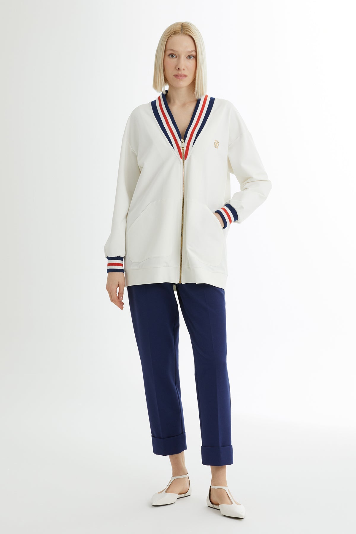 Ecru Striped Knit Collar Sweat Set