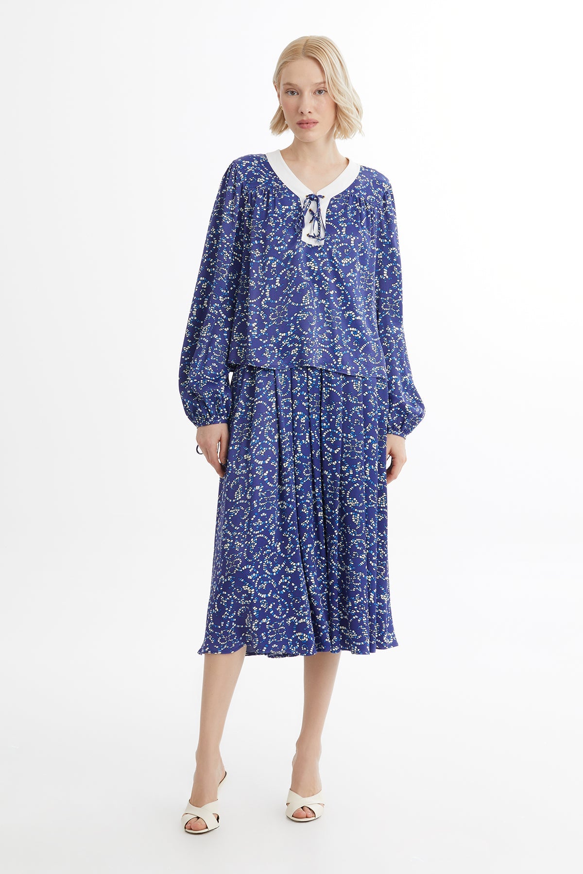 Blue Tie-Neck Blouse Skirt Set