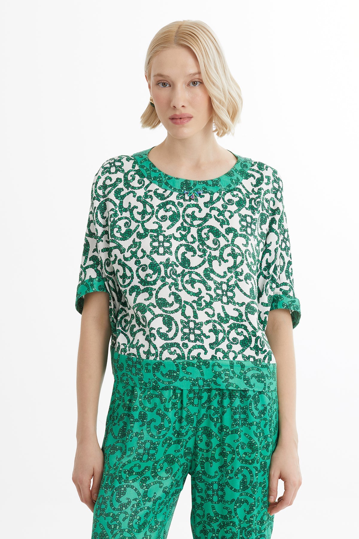 White Blouse Elastic-Waist Track Set