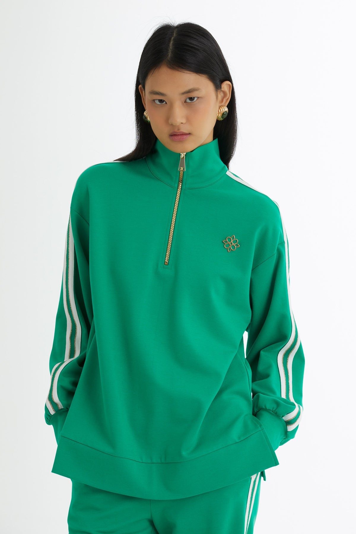 Green Knit-Detail Top and Pants Sweatshirt Set