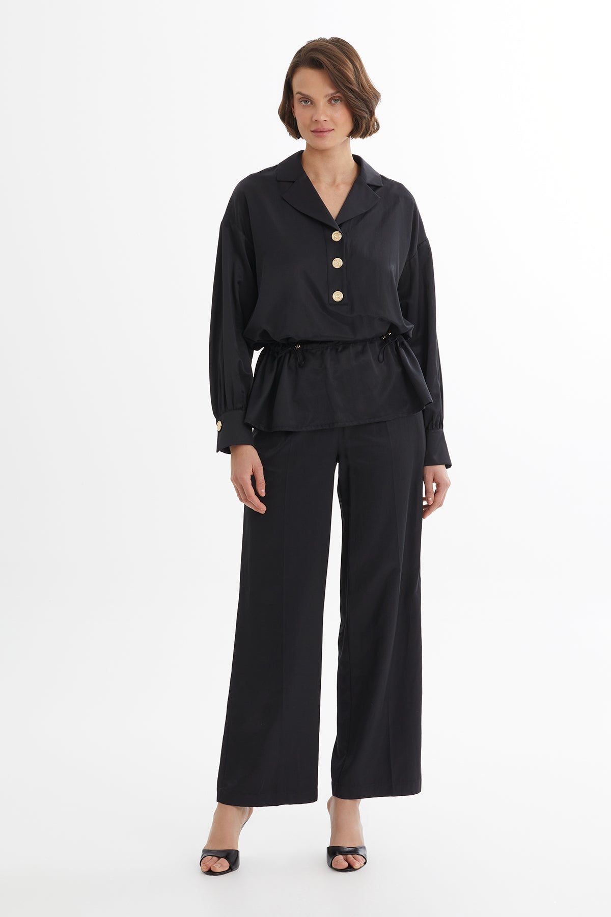 Black Gathered Waist Blouse Trouser Set