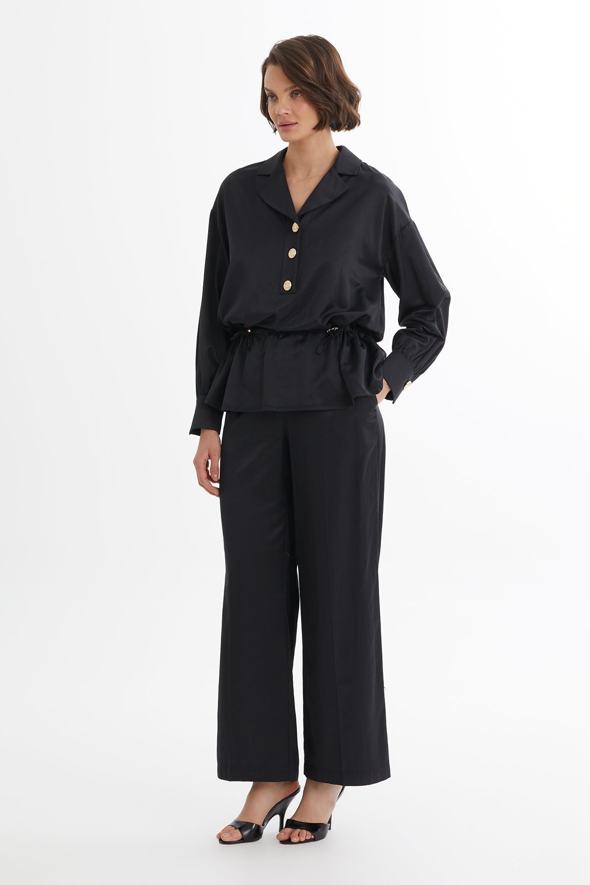 Black Gathered Waist Blouse Trouser Set