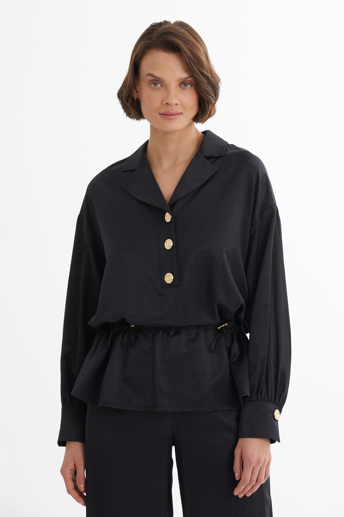 Black Gathered Waist Blouse Trouser Set