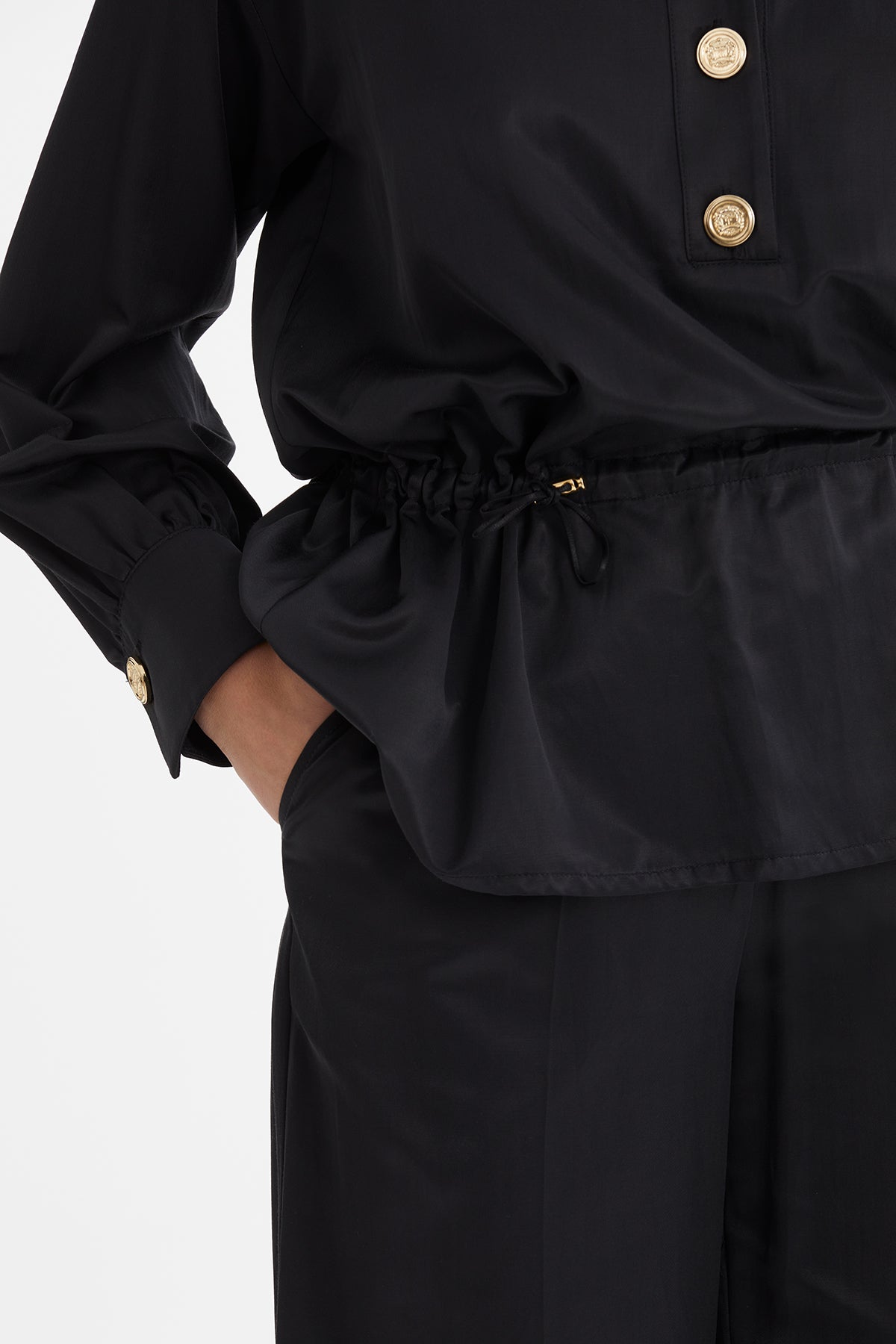Black Gathered Waist Blouse Trouser Set