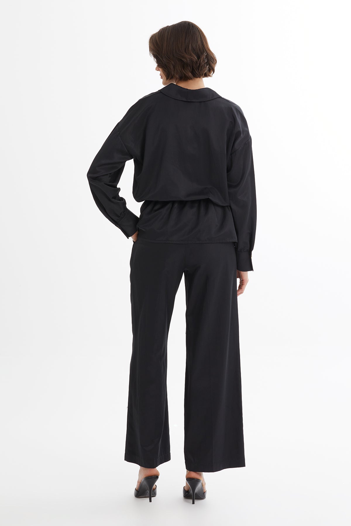 Black Gathered Waist Blouse Trouser Set