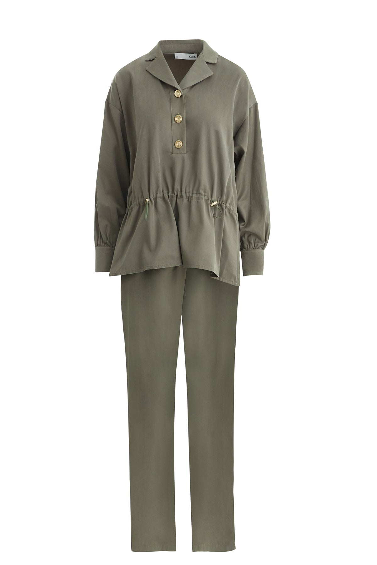Green Gathered Waist Blouse Trouser Set