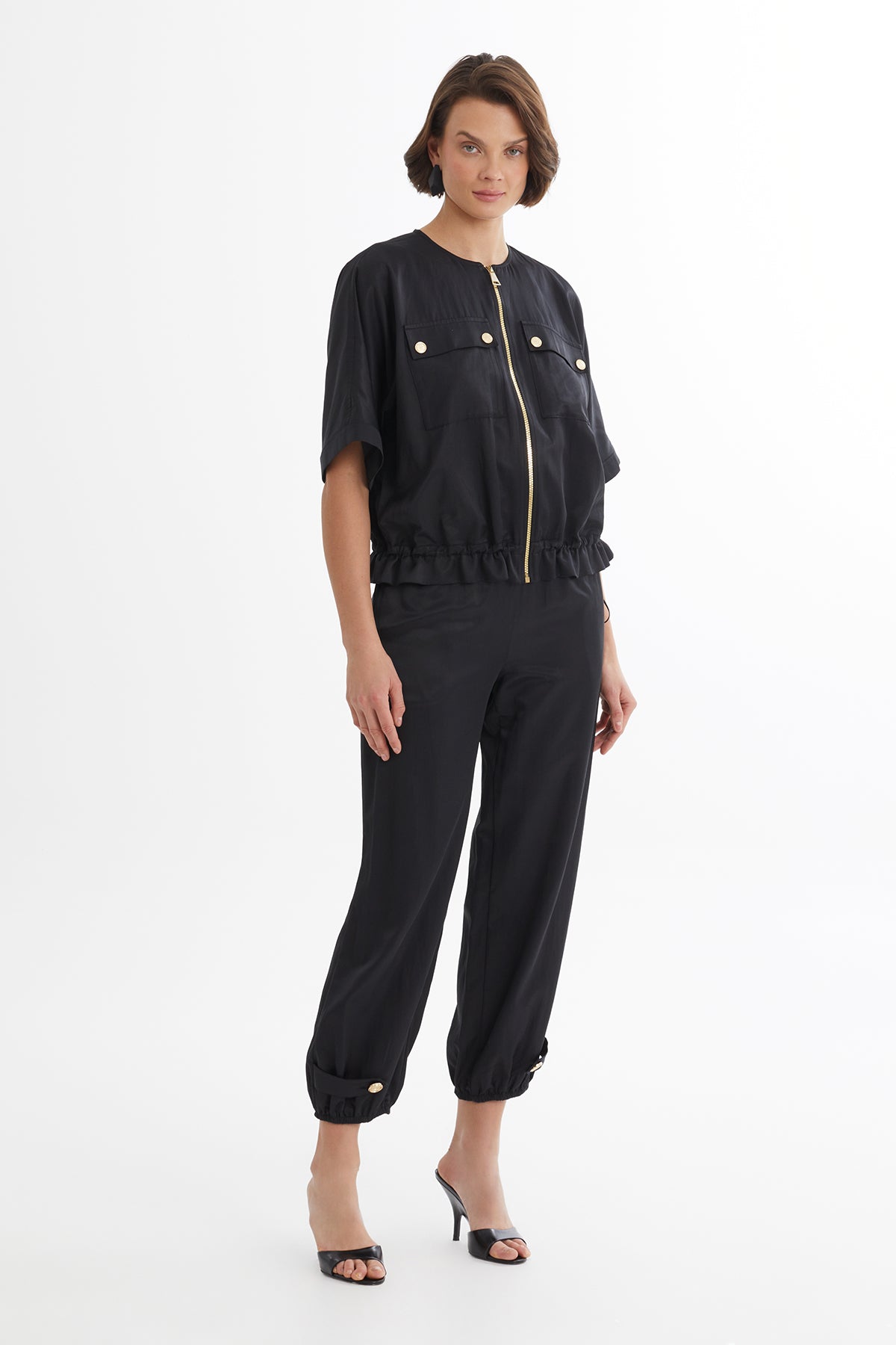 Black Gathered Waist Jacket Track Set