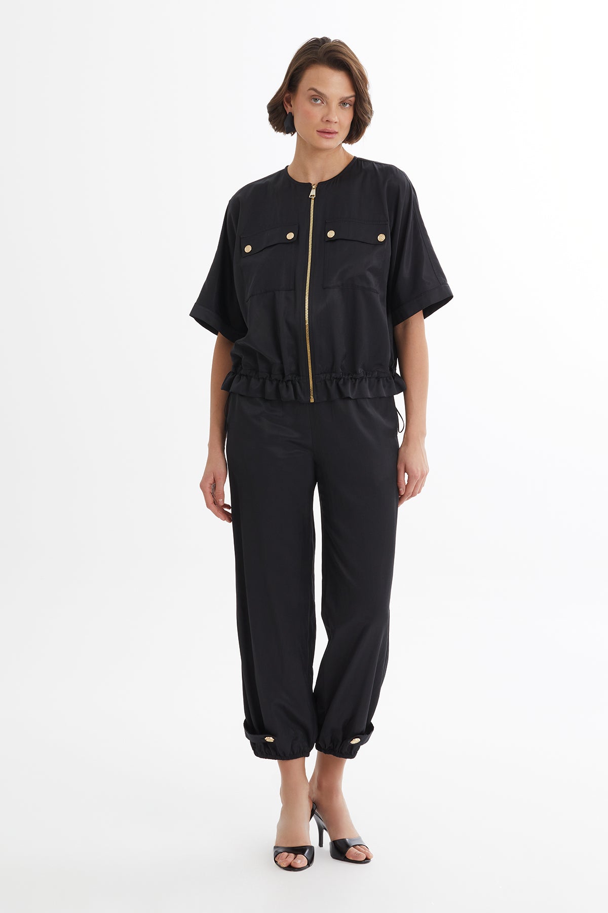 Black Gathered Waist Jacket Track Set