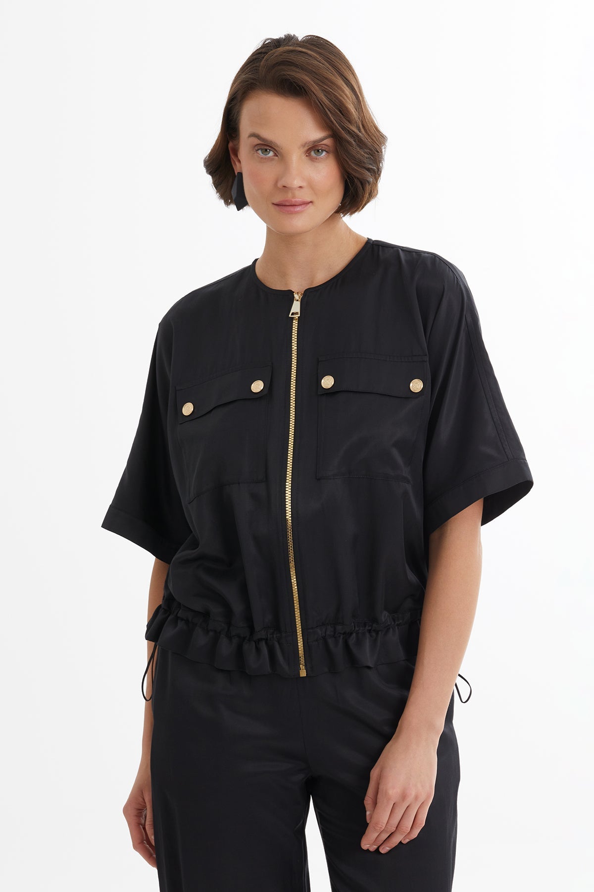 Black Gathered Waist Jacket Track Set