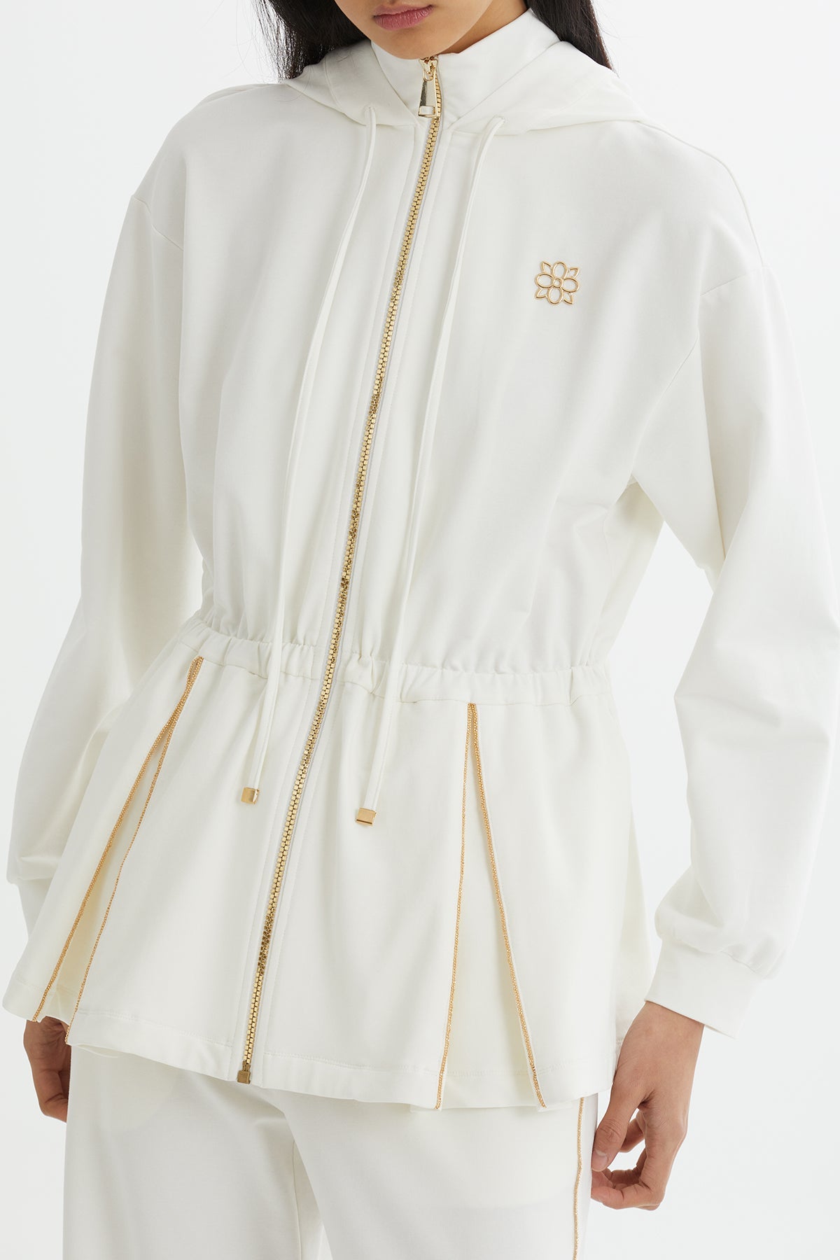 Ecru Hooded Drawstring Waist Sweat Set