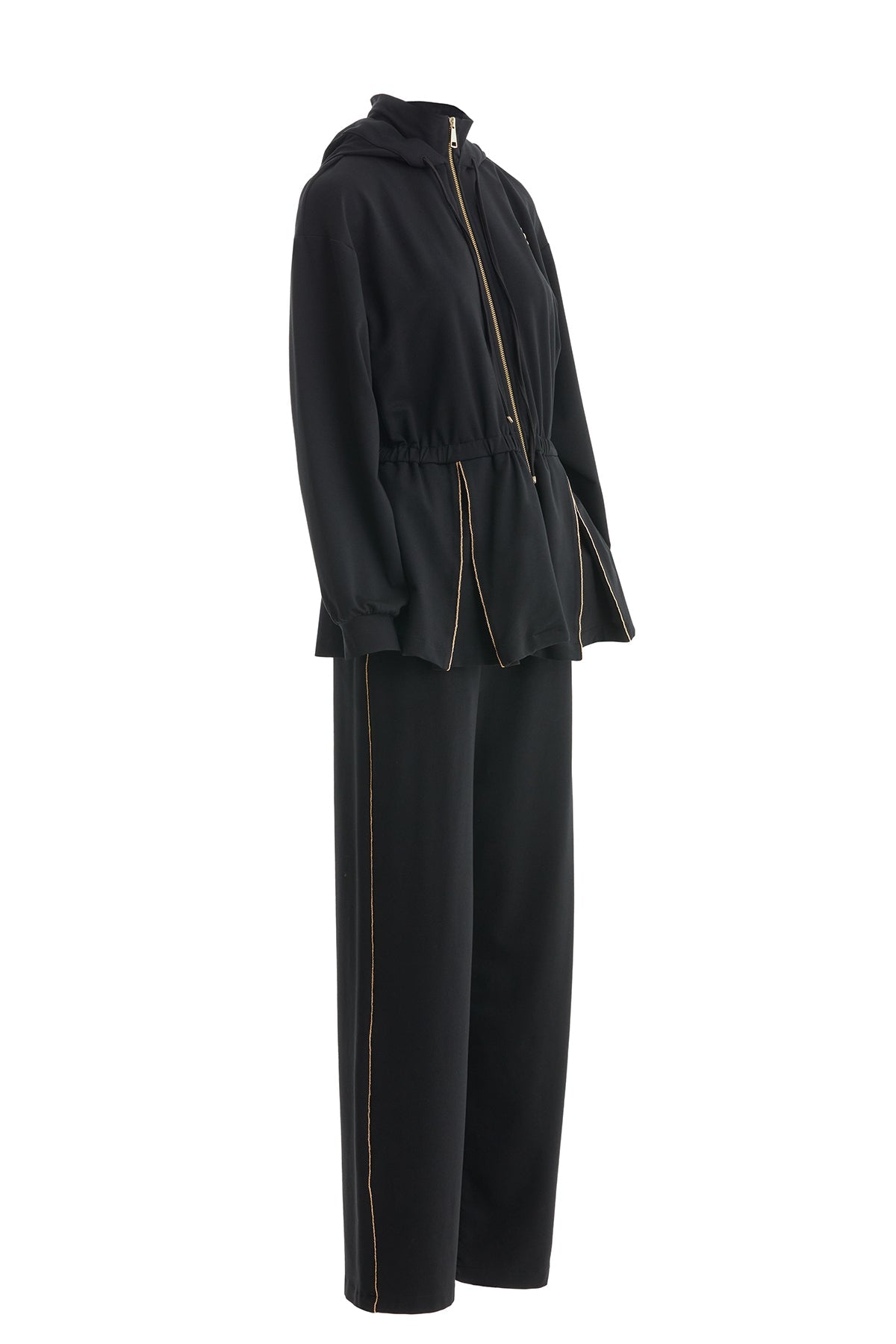 Black Hooded Drawstring Waist Sweat Set