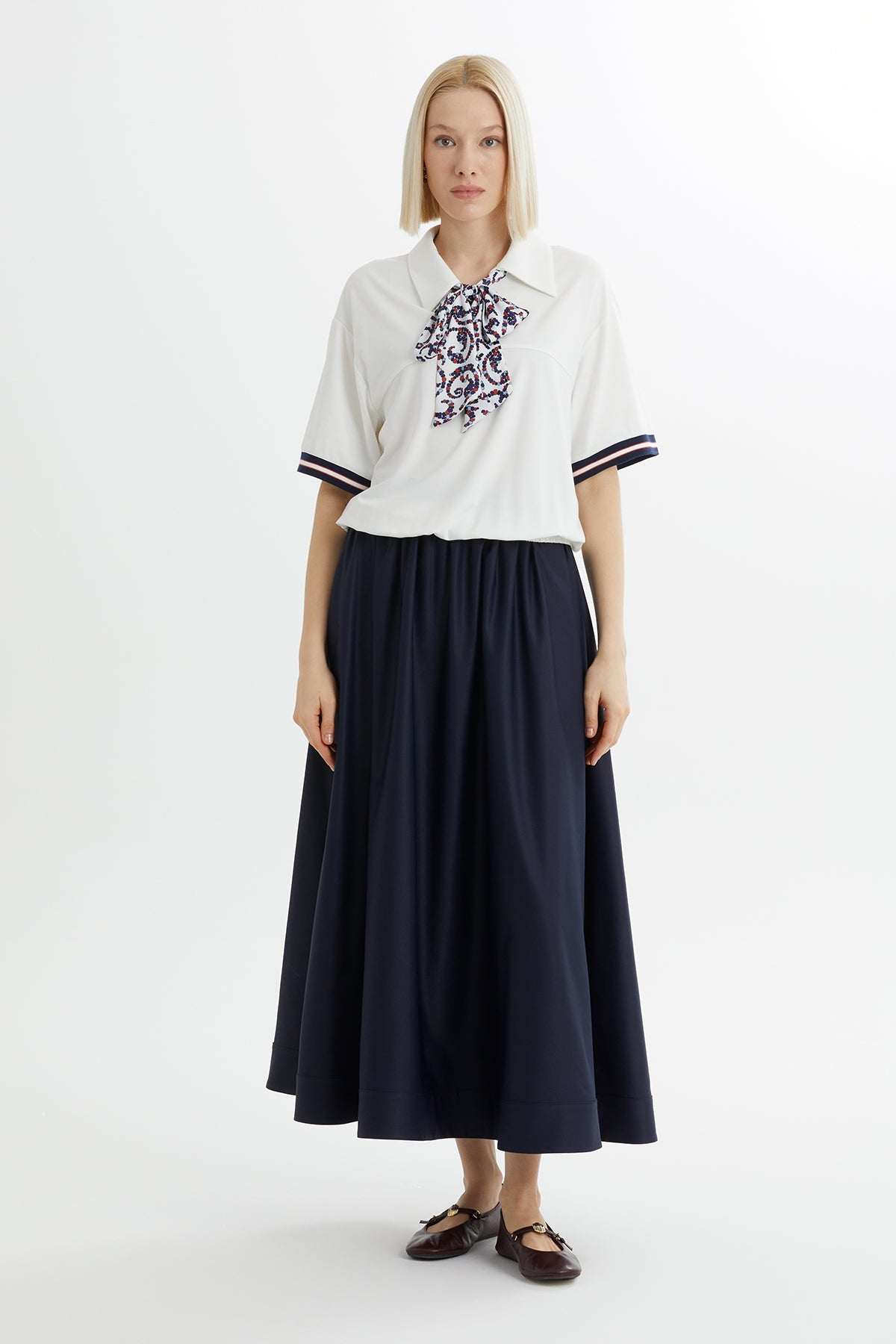 Ecru Blouse with Scarf-Neck Detail and Skirt Set