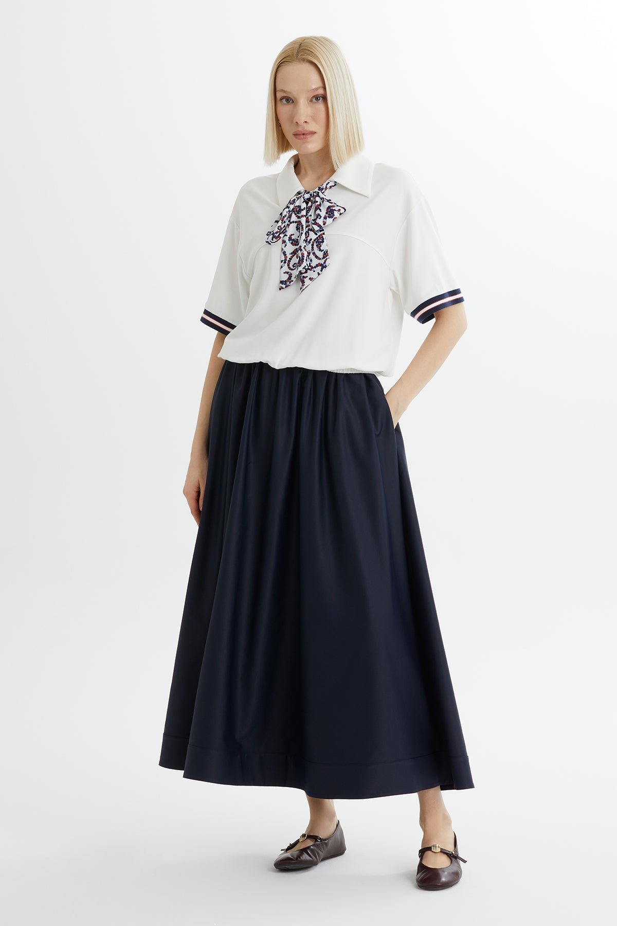 Ecru Blouse with Scarf-Neck Detail and Skirt Set