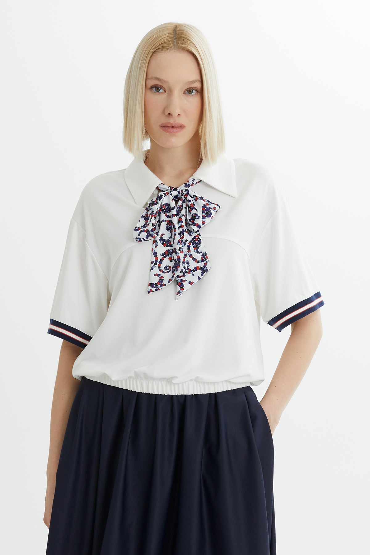 Ecru Blouse with Scarf-Neck Detail and Skirt Set