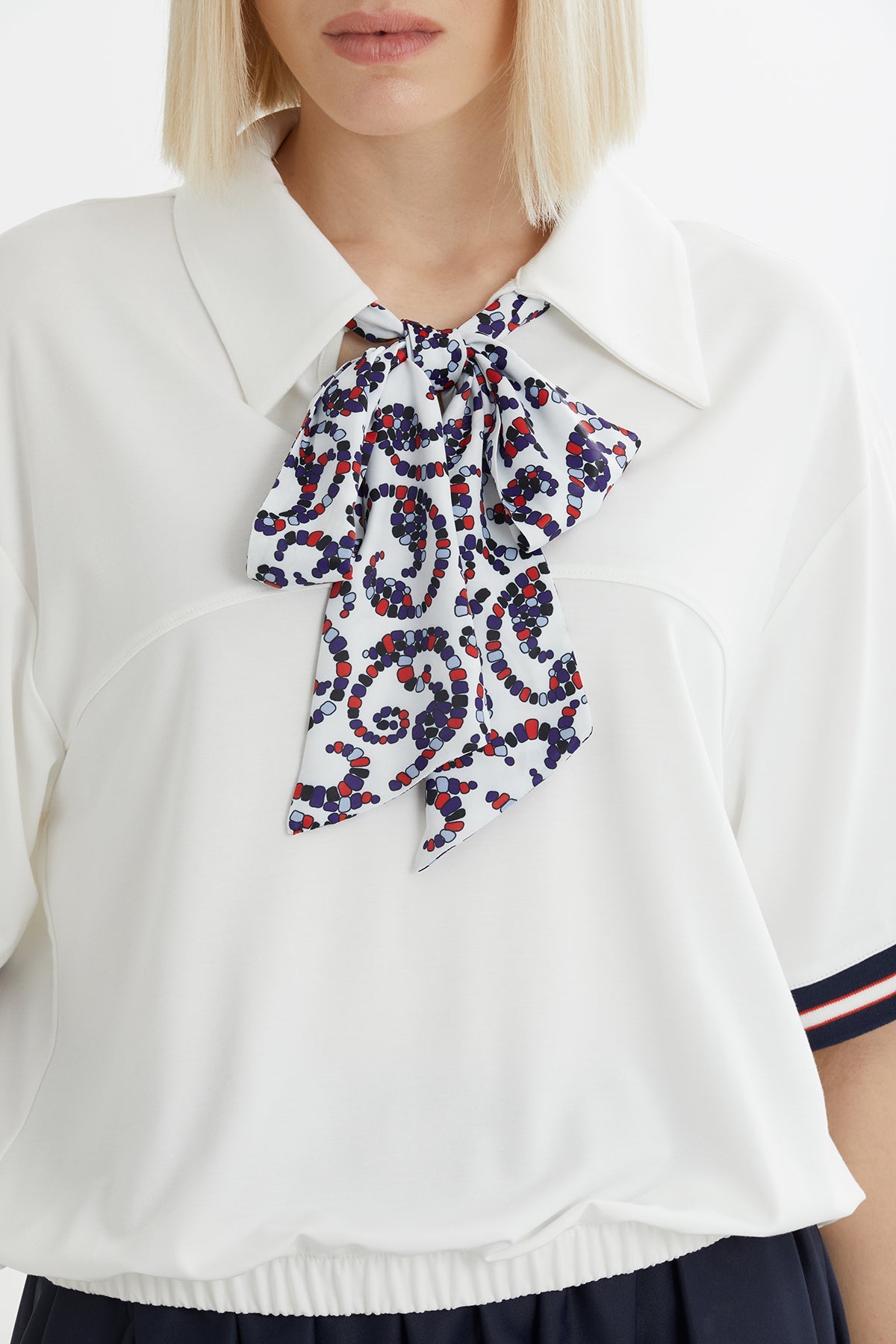 Ecru Blouse with Scarf-Neck Detail and Skirt Set