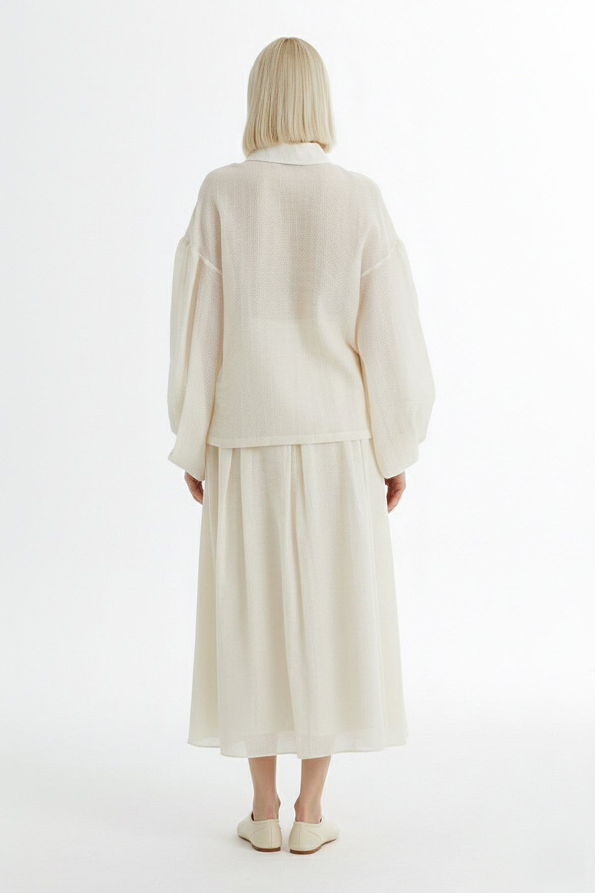 Ecru Embroidered Collar Shirt Pleated Skirt Set