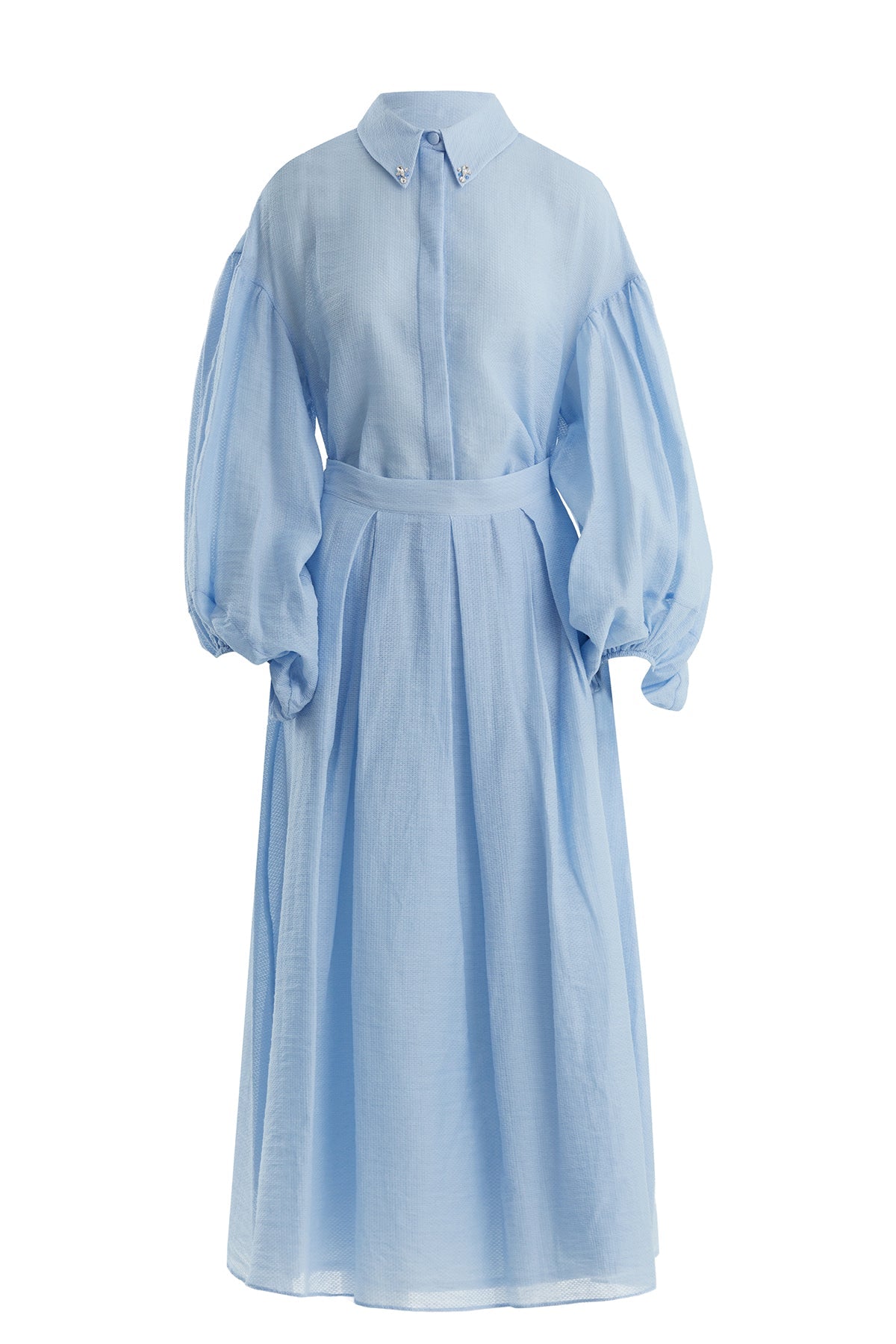 Blue Embroidered Collar Shirt Pleated Skirt Set