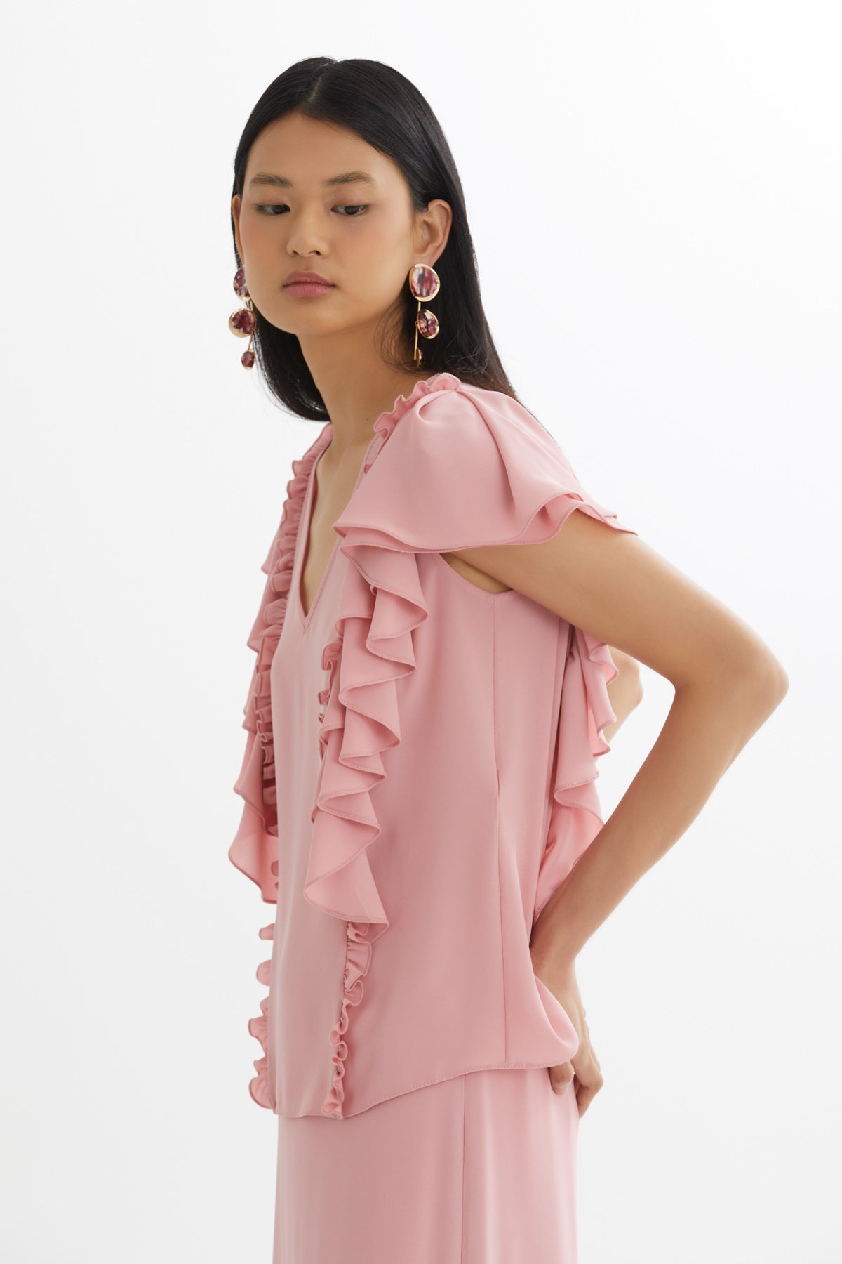 Pink Ruffled Blouse Gathered Skirt Set
