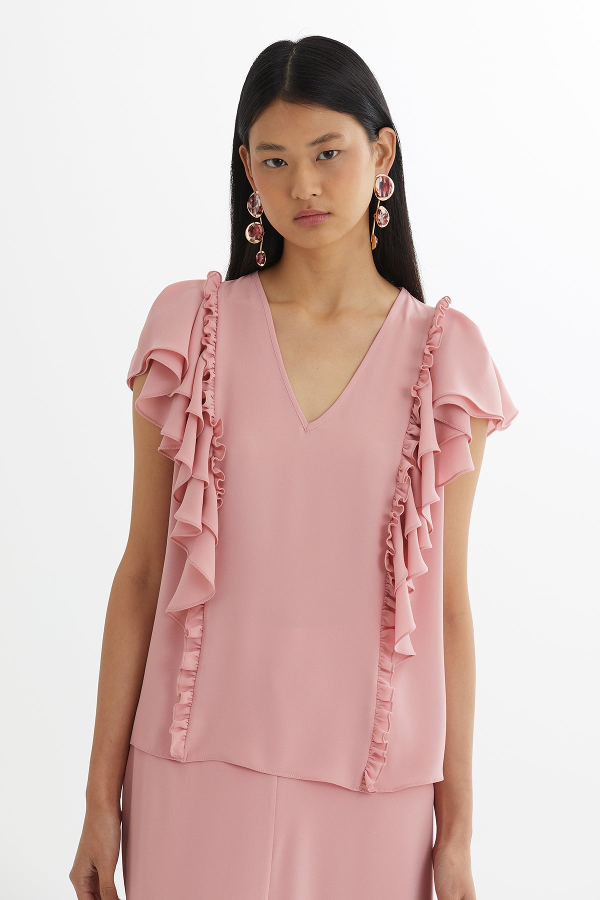 Pink Ruffled Blouse Gathered Skirt Set
